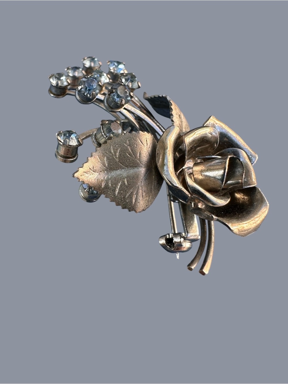 Vintage Silver Tone Rose Brooch Pin Blue Rhinestone Floral Spray